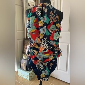 Ellen Tracy Navy Floral One-Piece Swimsuit with Red, Yellow & Teal Accents